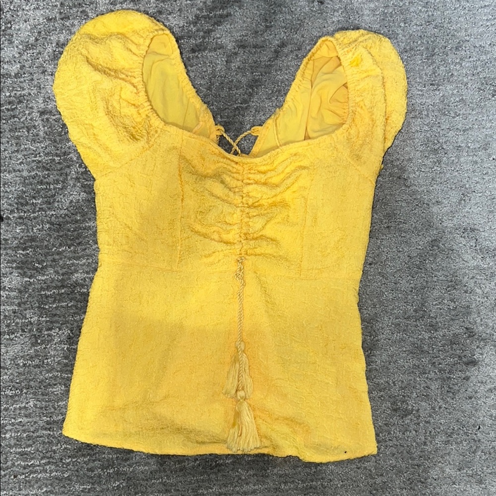 Yellow Ruched Puff Sleeve Blouse